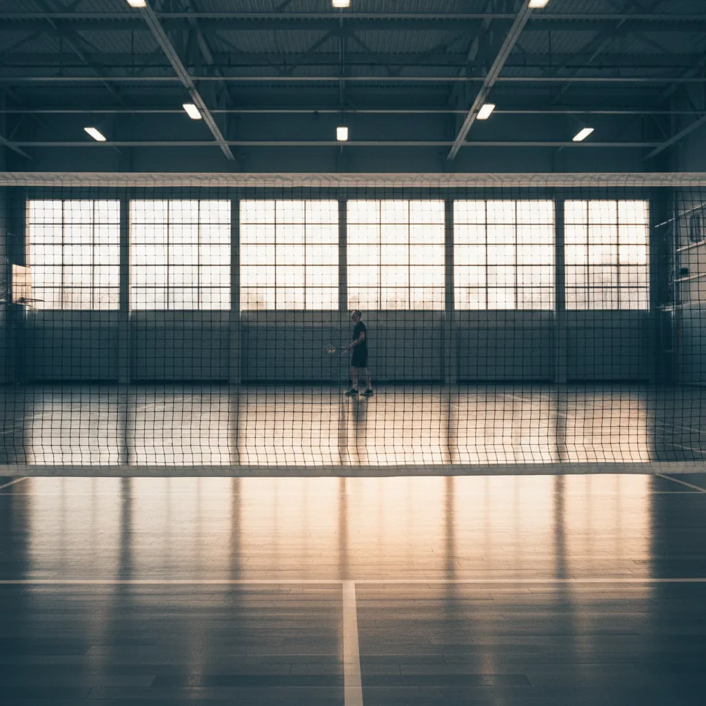 Badminton court with dramatic lighting