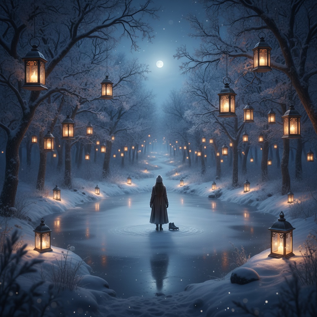 Frozen pond with lanterns