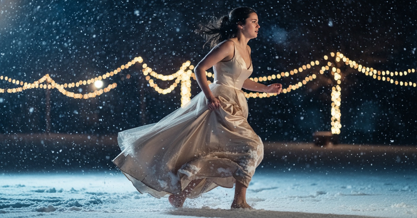 Running through snow in gala dress